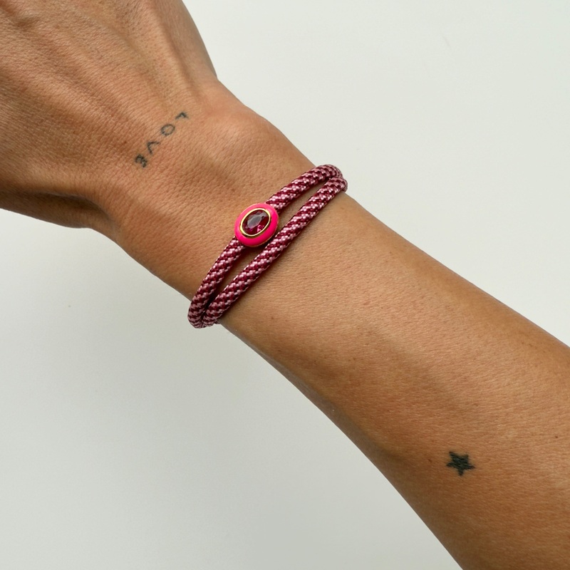 BRIGHT PINK ENAMEL GEM BURGUNDY & PINK ROPE BRACELET